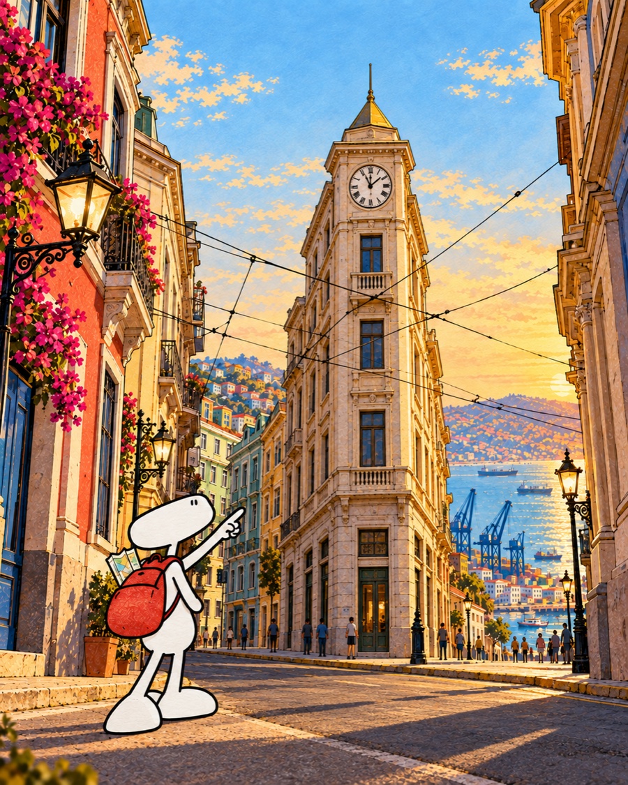 The white traveller points towards Reloj Turri in Valparaíso’s flat district