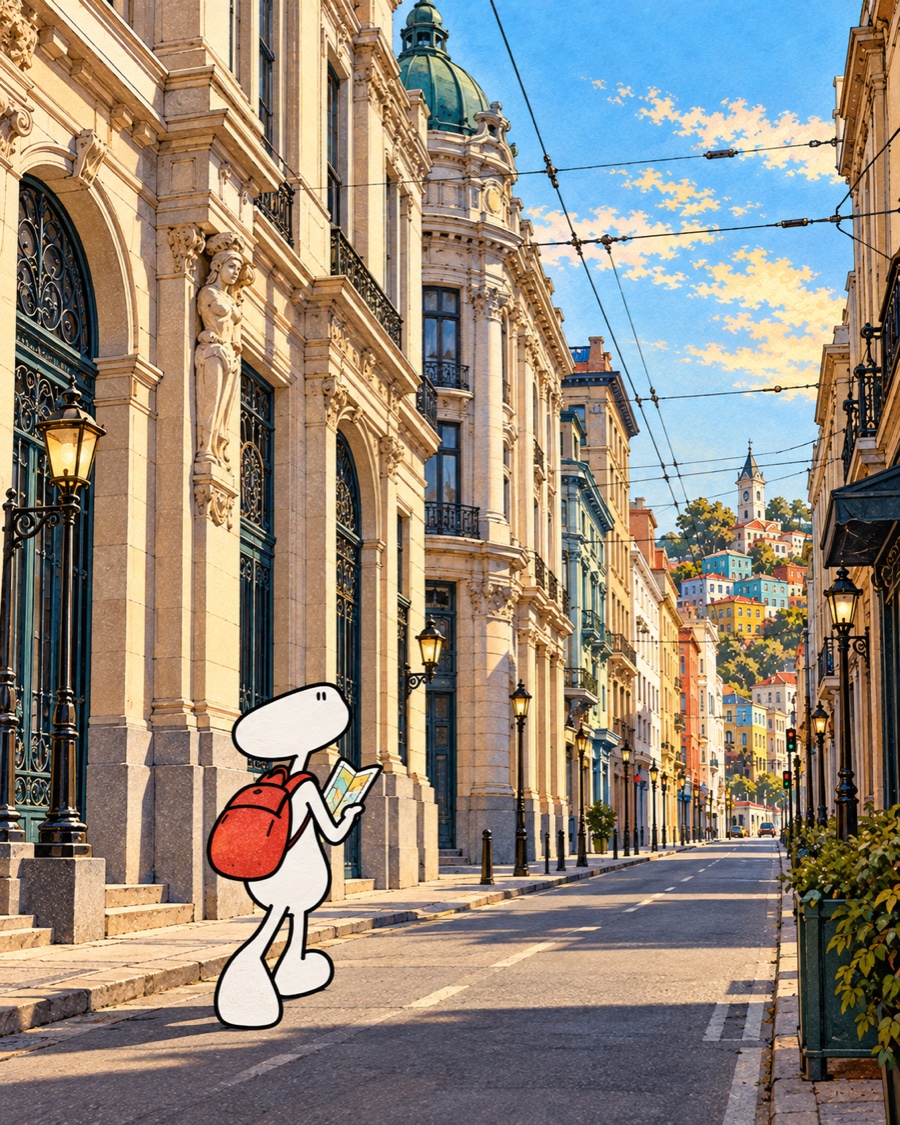 The traveller walks among the monumental façades of Prat Street