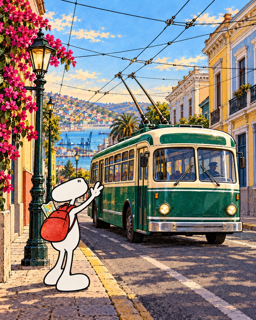 The traveller greets a green-and-cream trolleybus beneath the electric wires