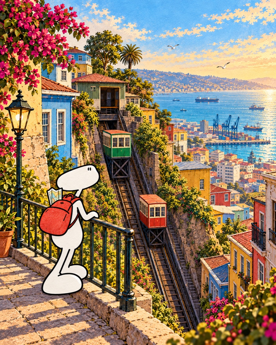 The traveller watches the Ascensor Concepción cars with the bay below