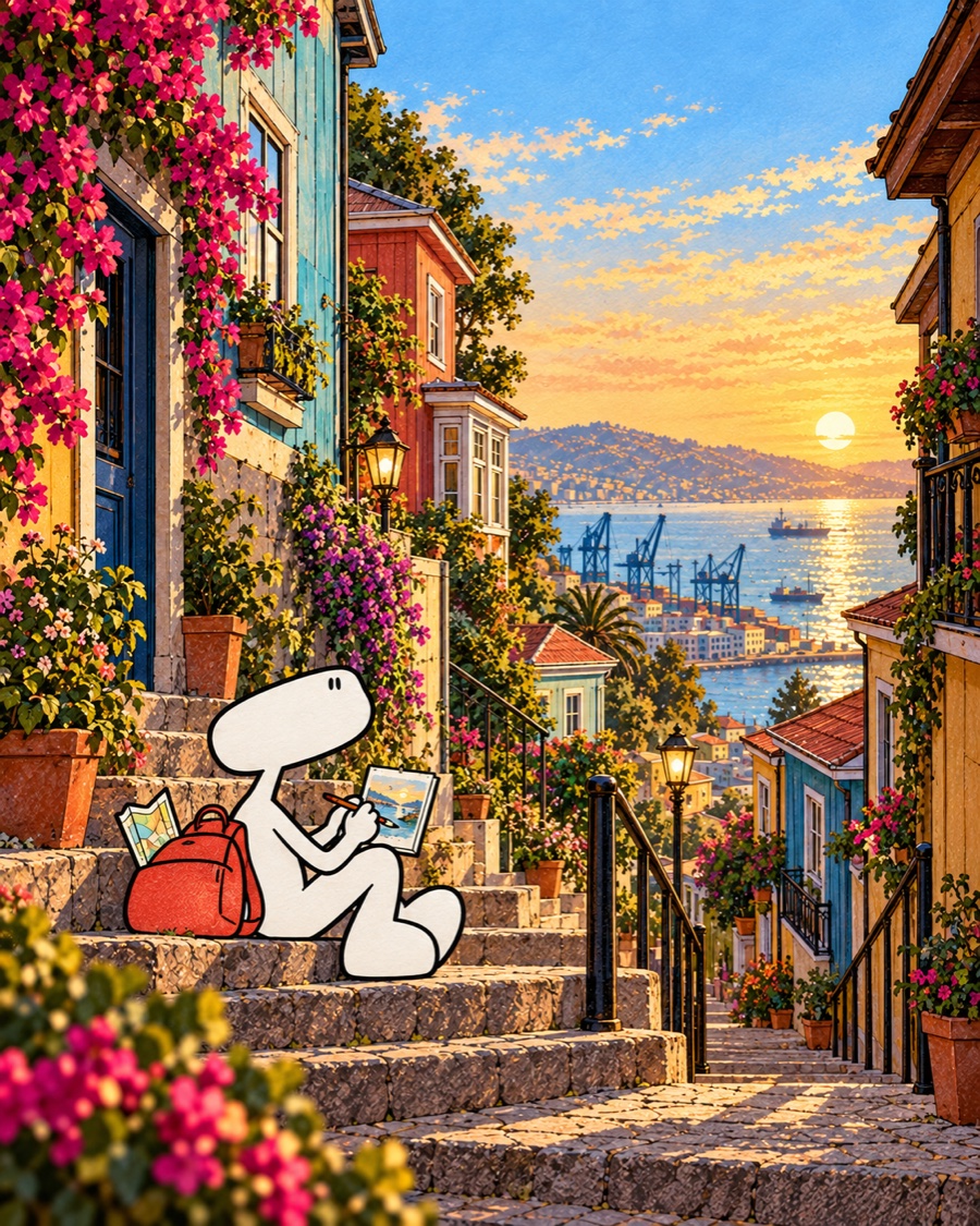 The traveller paints while sitting on a stairway in Alegre and Concepción hills
