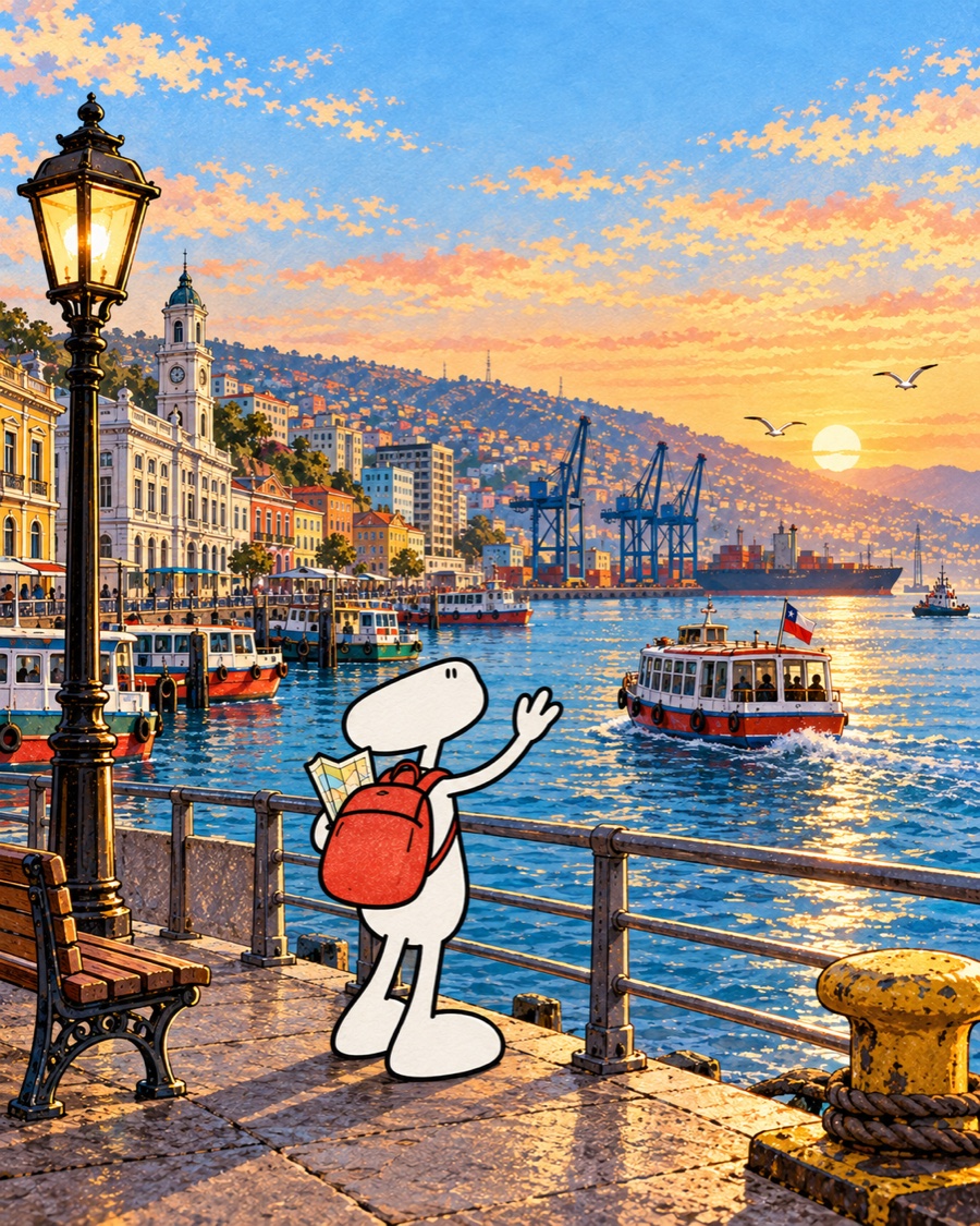 The traveller waves to a launch from Muelle Prat at sunset