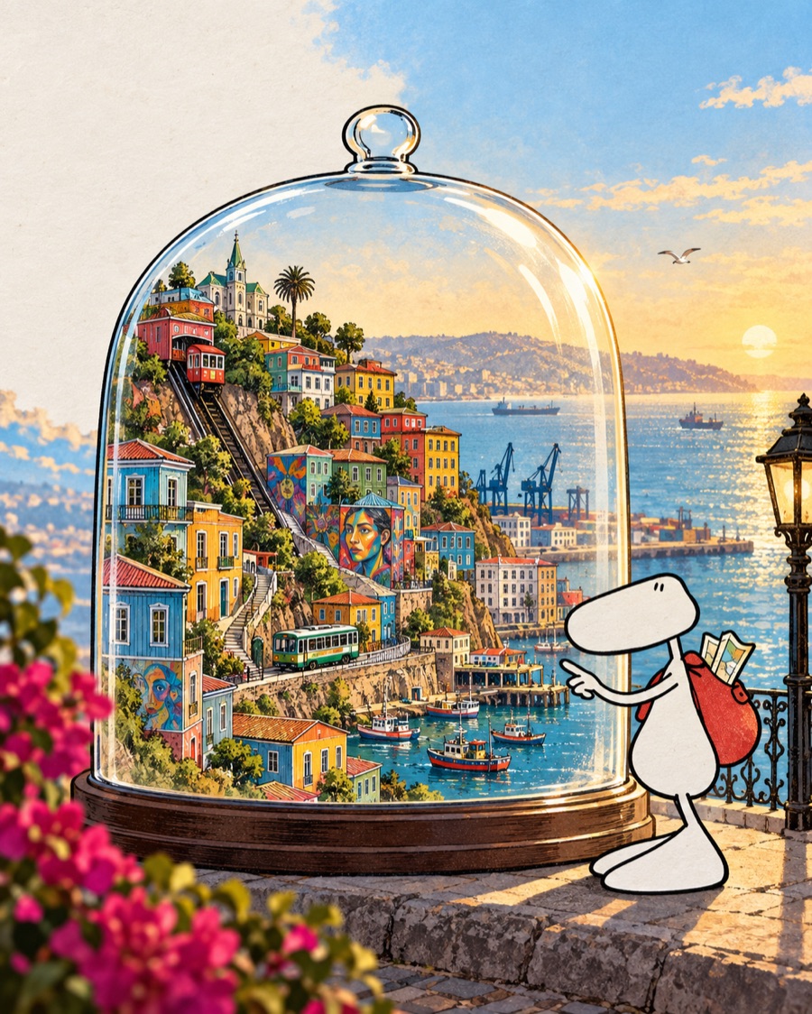 Ilustración de Valparaíso bajo una campana de cristal, con cerros, casas, ascensores, puerto y un viajero con mochila